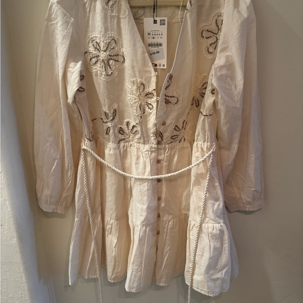 Zara Ecru Embroidered Long Sleeve Dress - Picture 3 of 4